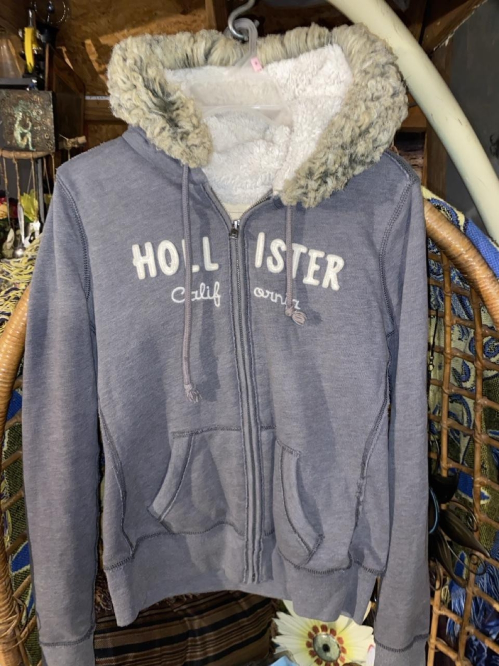 Y2K Hollister California Sherpa Lined Zip Up Hoodie Gray Fur Collar Size M